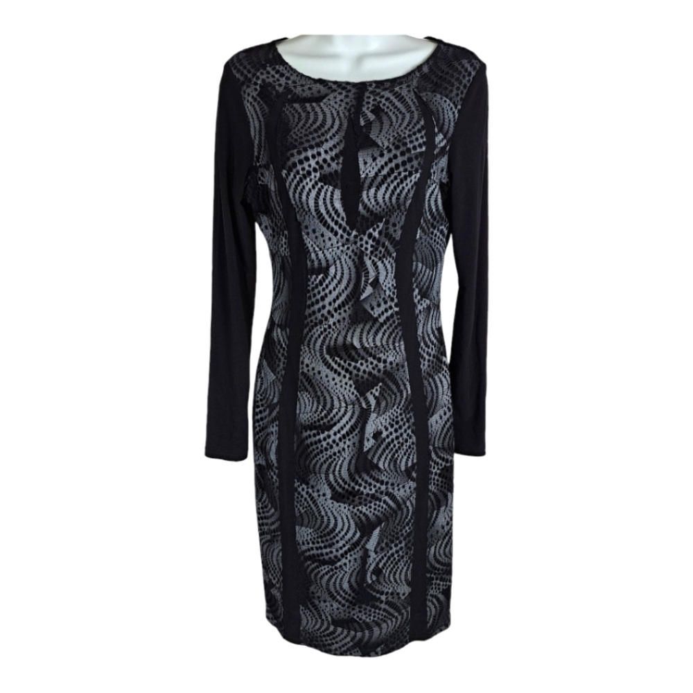 Joseph Ribkoff Black Grey Lace‎ Fitted Shaped Midi Dress